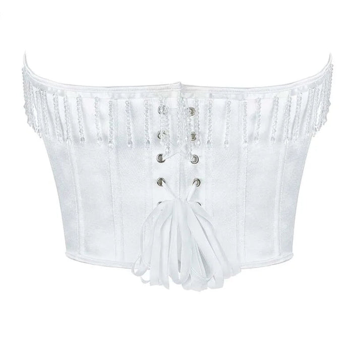 White Frill Retro Satin Overbust Corset Plus Size S-Xxxl Zip & Lace Up Boned Rhinestone Tassel