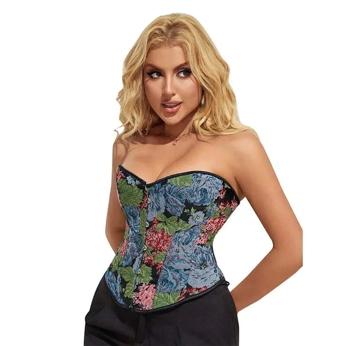 Floral Embroided Backless Gothic Corset Front 5 Busk Back Lace Seamless & Oil Painting Design