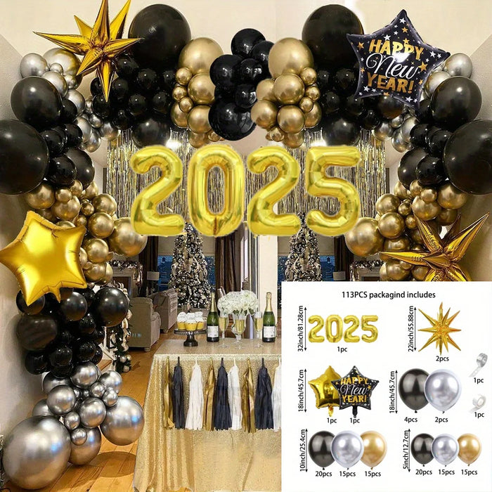 2025 Happy New Year Balloons 113Pcs Black And Gold Balloons Suitable For New Year Reunion Celebrations Birthday Parties Etc
