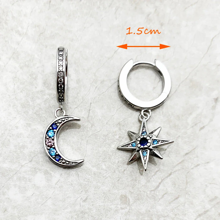 925 Sterling Silver Boho Star & Moon Hinged Hoop Earrings In