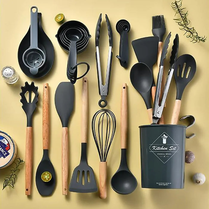 34 Piece Non Stick Silicone Kitchen Utensil Set With Wooden Handles