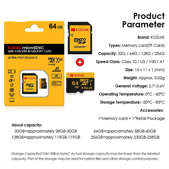 Kodak 128gb / 256gb Microsd Card With Card Reader Class10 U3 100mb/s 4k Hd
