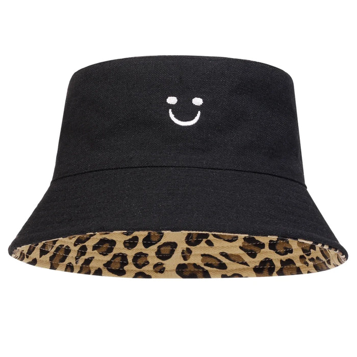 Smiling Leopard Print Double Sided Bucket Hat Unisex Sunscreen Cap
