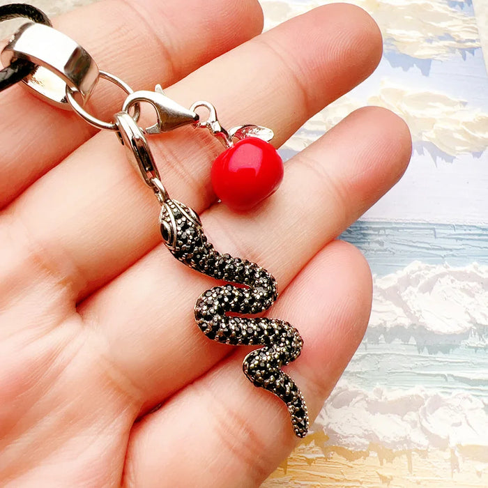925 Sterling Silver Romantic Gift Snake & Red Apple Necklace