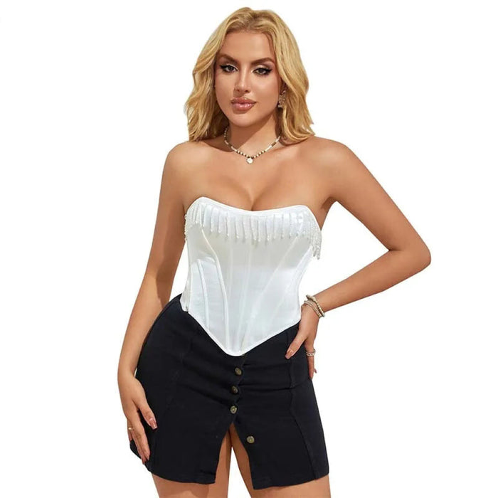 White Frill Retro Satin Overbust Corset Plus Size S-Xxxl Zip & Lace Up Boned Rhinestone Tassel