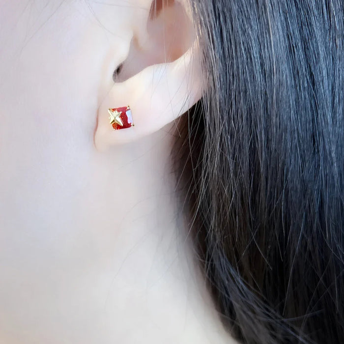 925 Sterling Silver Orange Stone Star Ear Studs Romantic Gift