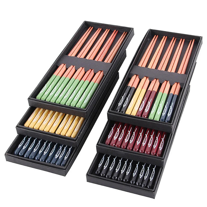 5 Pairs Wooden Chopsticks Set Non Slip Multi Colour Gift Box