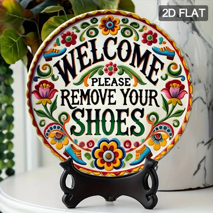 Welcome Please Remove Shoes 2D Flat Aluminum Wall Decor 7.8X7.8 Inch