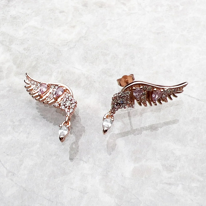 925 Sterling Silver Phoenix Wing Rose Gold Ear Studs With Pink Stones
