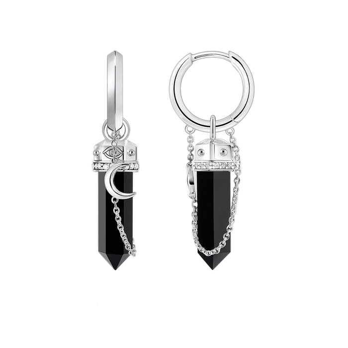 925 Sterling Silver Vintage Moon Onyx Hexagon Hoop Earrings Real