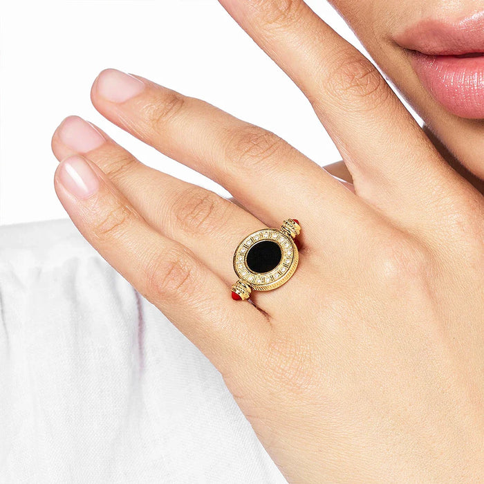 925 Sterling Silver Rotatable Black Onyx Coin Ring European Style Women Fine Jewelry Vintage