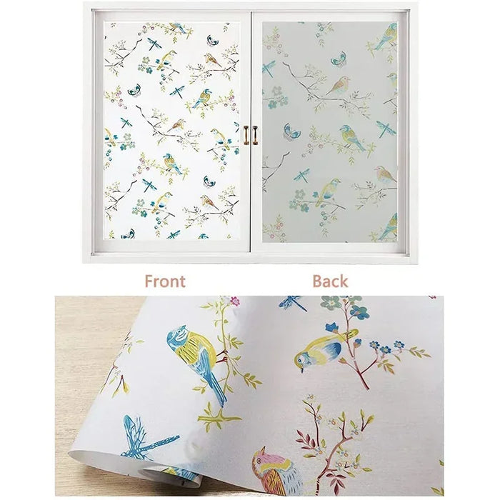 Frosted Glass Film For Home Bathroom Office - Static Cling Non-Adhesive Stained Glass Window Stickers With Bird Design