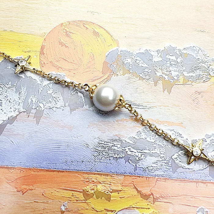 925 Sterling Silver Gold Star Pearl Bracelet Boho Jewelry For Women