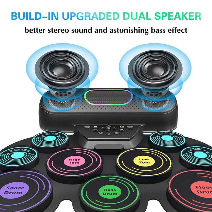 Portable Electronic Drum Set For Kids & Adults 9 Pads Dual Speakers Headset Jack Drumsticks Foot Pedals