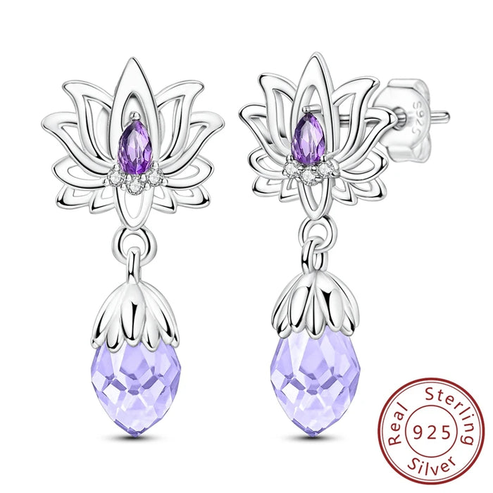 925 Sterling Silver Purple Lotus Stud Earrings Zircon For Women Fine Jewelry