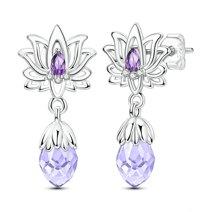 925 Sterling Silver Purple Lotus Stud Earrings Zircon For Women Fine Jewelry