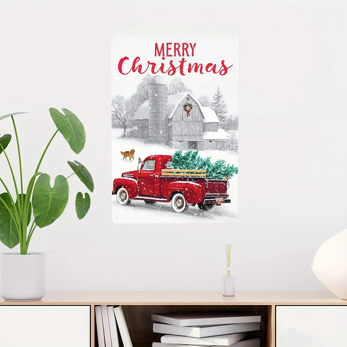 Metal Tin Sign Merry Christmas Red Truck Holiday Decor