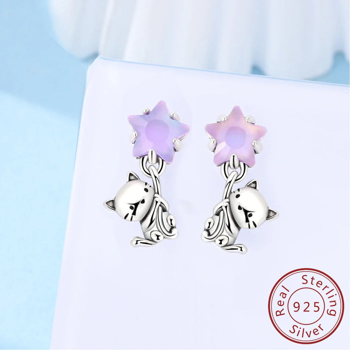 925 Sterling Silver Cat Star Stud Earrings Fine Jewelry For Women & Girls