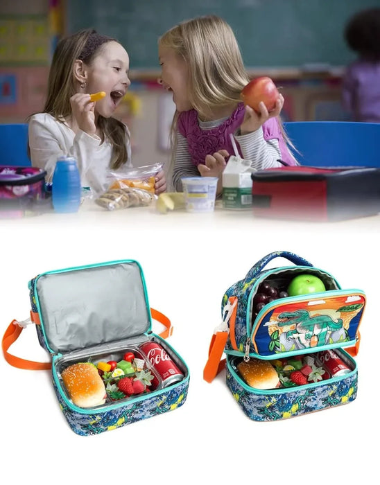 Insulated Bento Cooler Bag For Kids 2 Compartments Adjustable Strap