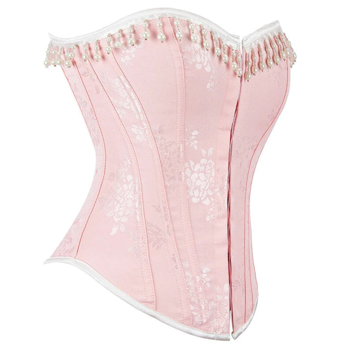 Floral Jacquard Lace Up Boned Victorian Corset With Beading And Tassel Detail Adjustable Hook And Eye Closure