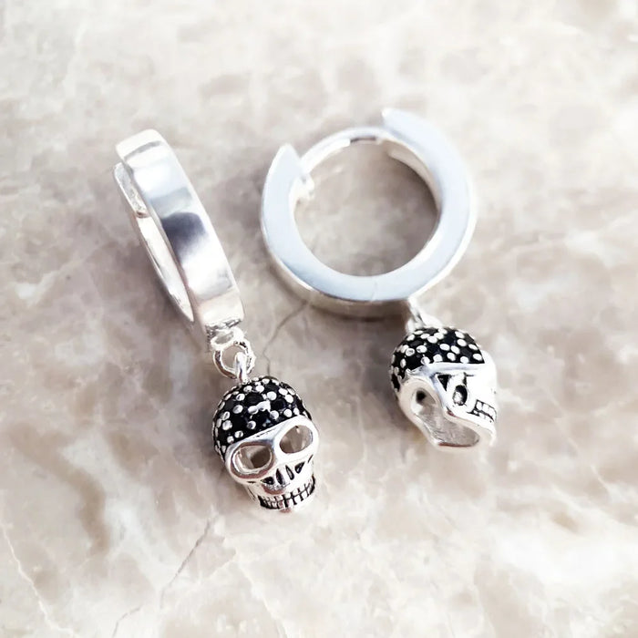 925 Sterling Silver Skull Pave Hinged Hoop Earrings Rebel Punk Jewelry For Women And Men