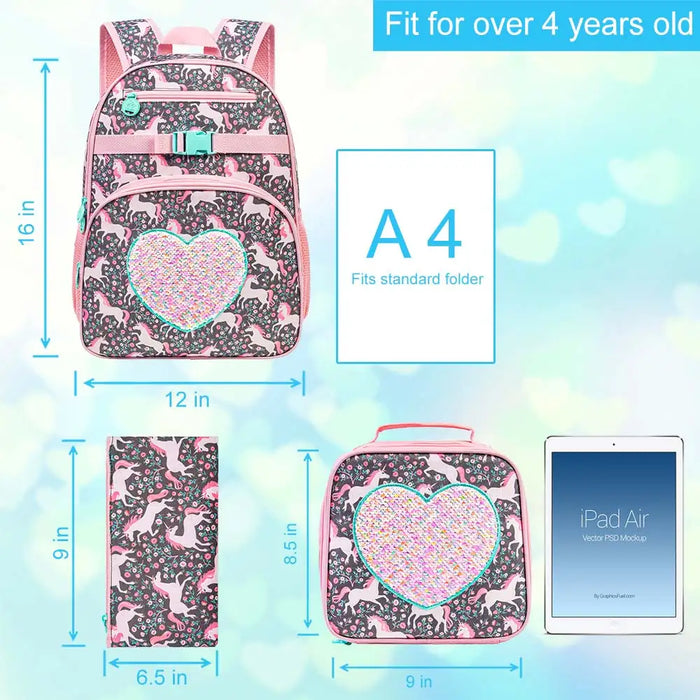 3 Piece Unicorn Backpack Set For Girls 16 Bookbag Lunch Box Sequin Design