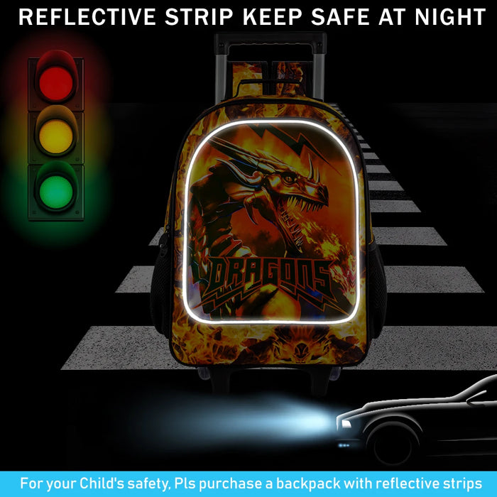 3 Piece Dragon Rolling Backpack Set For Boys School Wheels Lunch