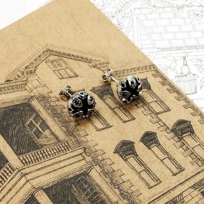 925 Sterling Silver Vintage Black Lotus Stud Earrings