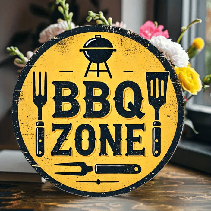 Rustic Bbq Wall Art 7.87 Inch Aluminum Sign With Grill & Utensils Design