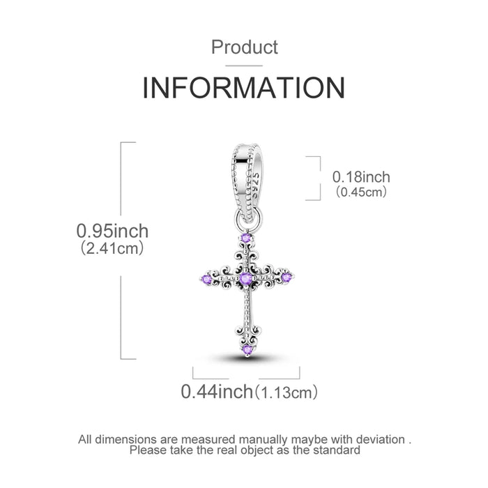 925 Sterling Silver Purple Cross Pendant Fits Bracelets & Necklaces Diy Gift For Women