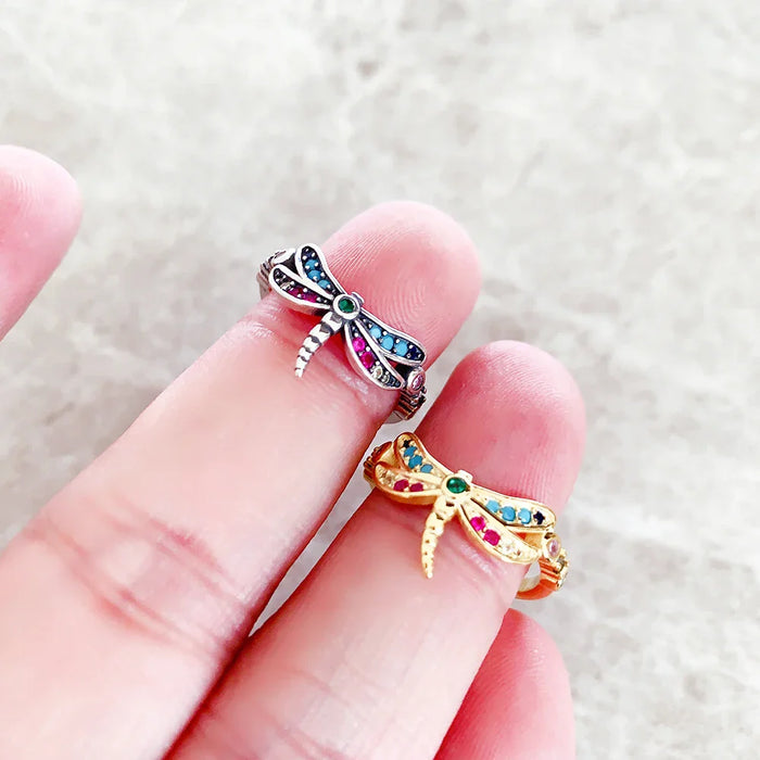 925 Sterling Silver Bohemian Dragonfly Ring With Coloured Stones