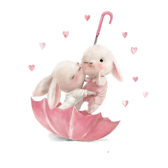 Watercolour Pink Umbrella With Bunny Wall Stickers And Hearts For Kids Room Decor