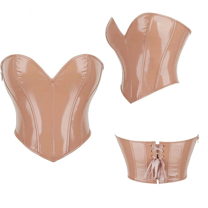 Khaki Women Pvc Leather Gothic Corselet Vest Xs-Xxl Zip & Lace Up Boned Strapless