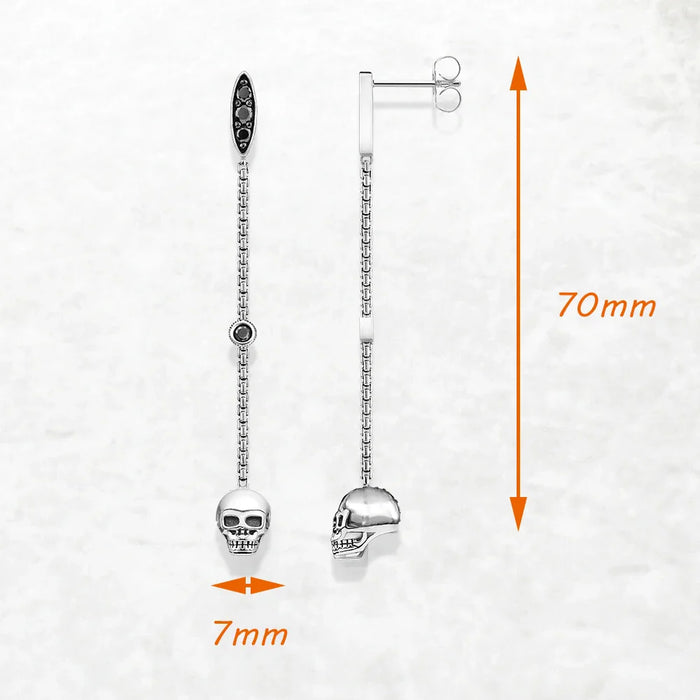925 Sterling Silver Vintage Skull Earrings Women Long Drop Fine Jewelry
