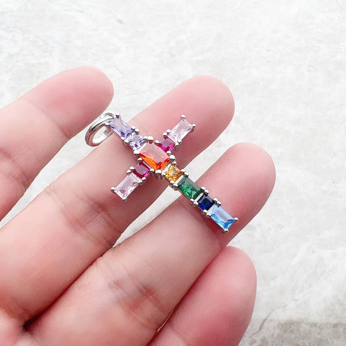 925 Sterling Silver Colourful Stone Cross Pendant Boho Jewelry For Women