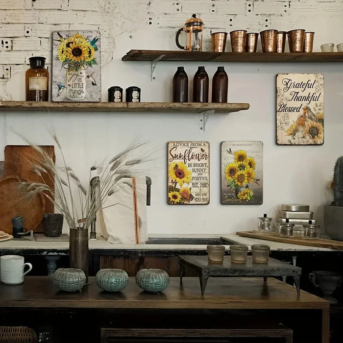 4Pcs Sunflower Wall Decor Set Retro Tin Signs Kitchen Accessories Inspirational