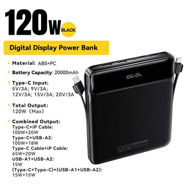 100W Power Bank 20000Mah Capacity Pd Fast Charging Battery Charger Powerbank For Laptops Macbook Iphone Samsung Xiaomi