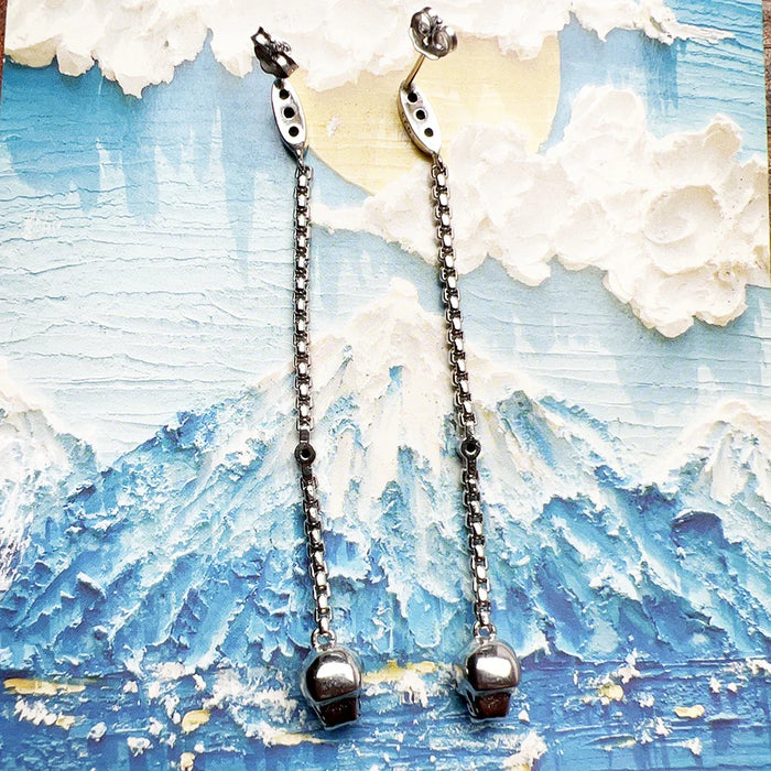 925 Sterling Silver Vintage Skull Earrings Women Long Drop Fine Jewelry
