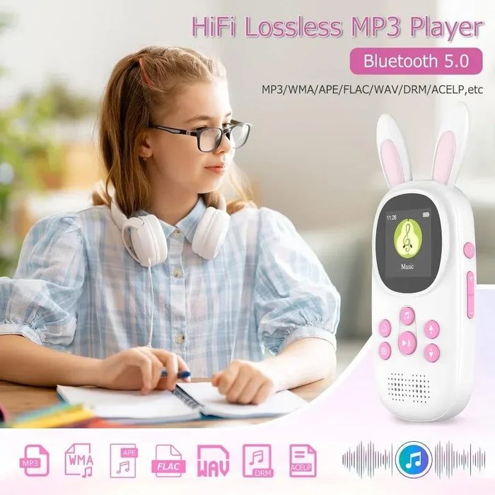 32Gb Kids Mp3 Player With Bt & Speaker Cute Bunny Design Supports Up To 128Gb