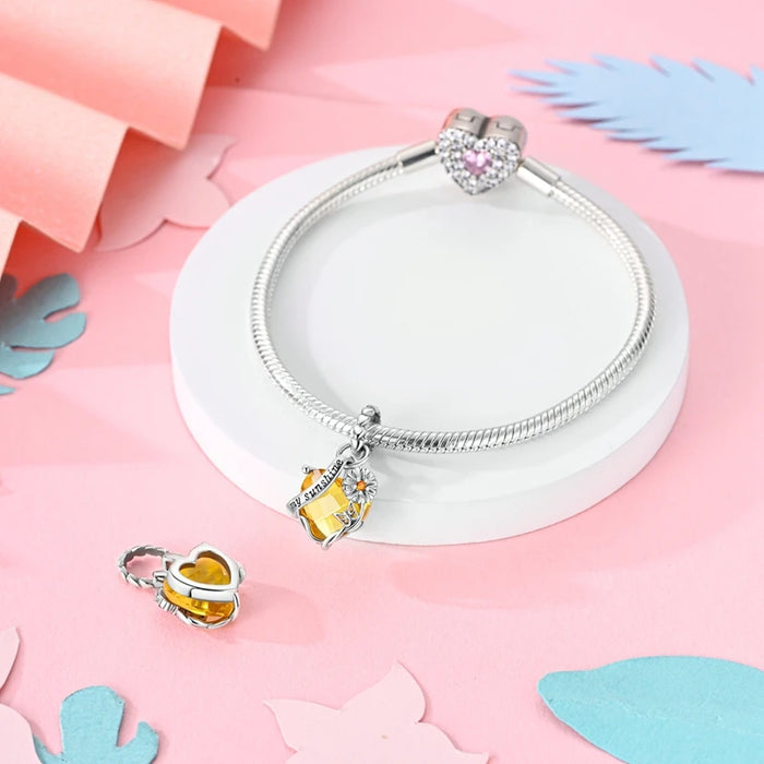 925 Sterling Silver Sunflower Charm Pendant Yellow Gemstone Fits Bracelet Diy Gift