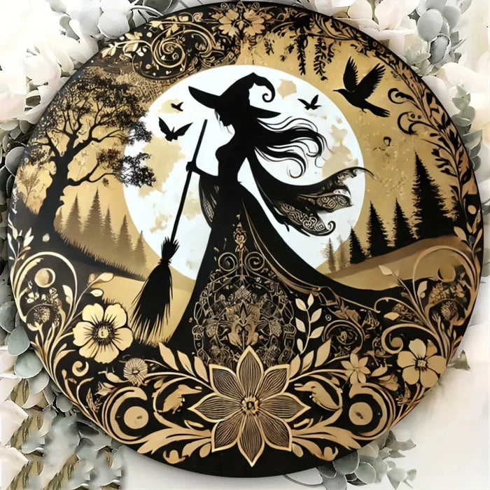 8X8 Inch Gothic Witch Metal Sign Circular Flower Wreath Decor