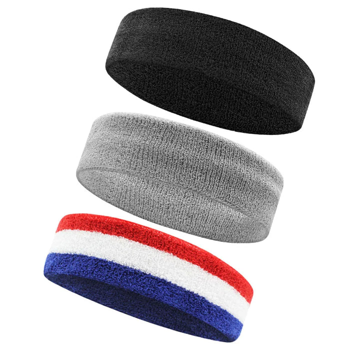 3 Piece Athletic Sweatbands Moisture Wicking Terry Cloth Headbands For Sports