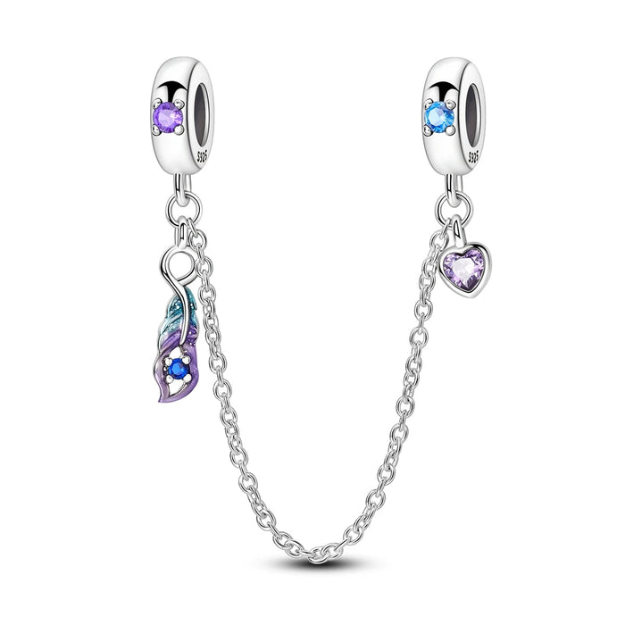 925 Sterling Silver Blue Purple Feather Safety Chain For Women Bracelet