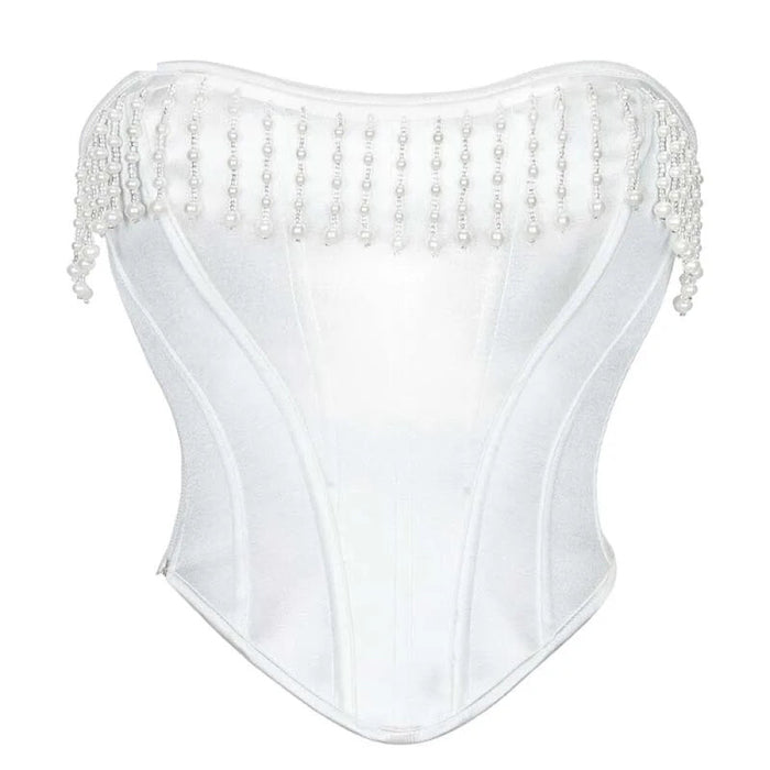 White Lace-Up Fishbone Corset For Women Strapless Wedding Bustier With Tassel Detail