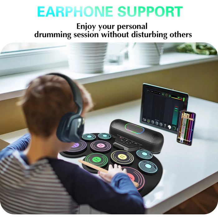 Portable Electronic Drum Set For Kids & Adults 9 Pads Dual Speakers Headset Jack Drumsticks Foot Pedals