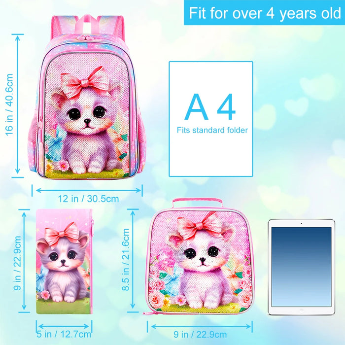 3 Piece Girls Backpack Set 16 Inch Bookbag Lunch Box Unicorn Dinosaur Prints