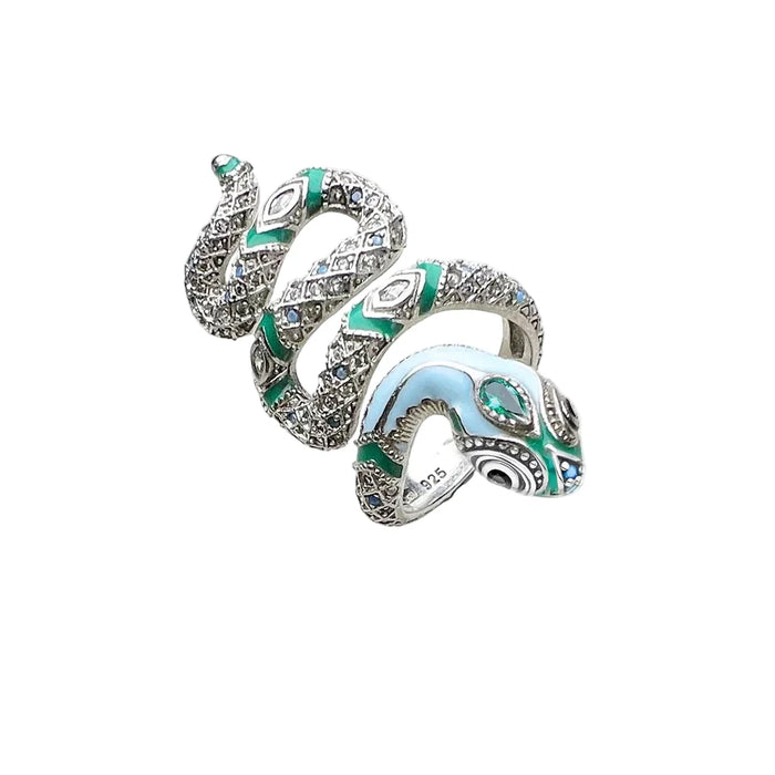 925 Sterling Silver Boho Blue Snake Pave Open Ring