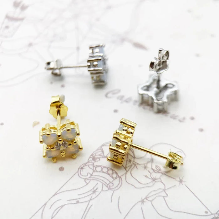 925 Sterling Silver Colourful Stone Flower Ear Studs