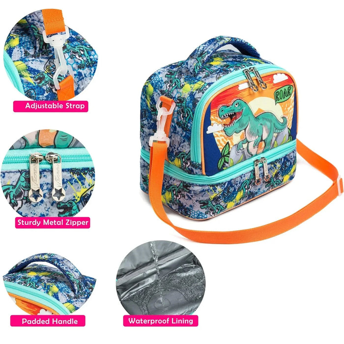 Insulated Bento Cooler Bag For Kids 2 Compartments Adjustable Strap