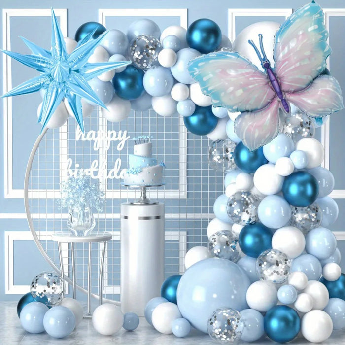 122Pcs Blue Balloon Wreath Kit With Butterfly And Exploding Star Foils - Birthdays Weddings Engagements And Anniversaries